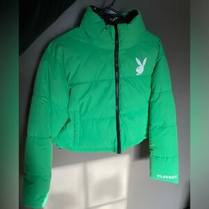 Bright green Playboy Bunny puffer coat size small reversible